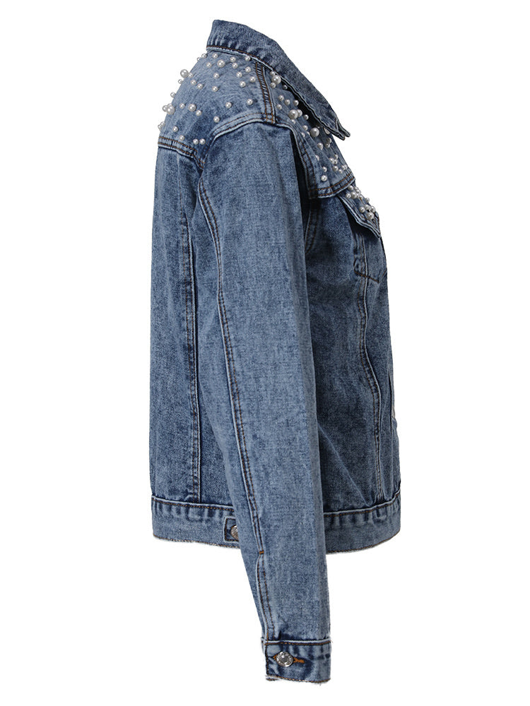 Side view of a long-sleeve blue denim jacket.