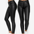 Black skinny jeggings shown from the front and side with a button waist.