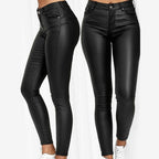 Black skinny jeggings shown from the front and side with a button waist.