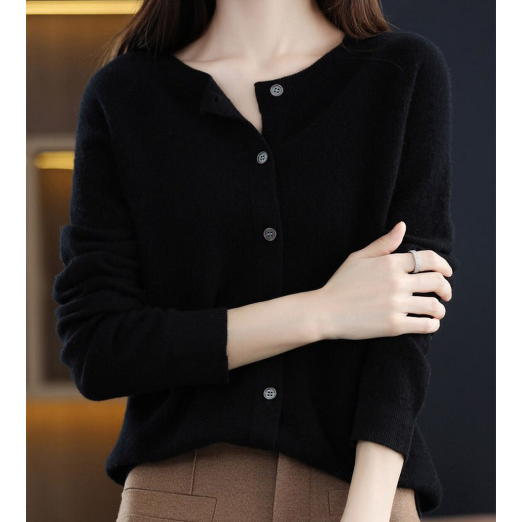 Black button-front cardigan with the top button undone.