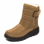 Khaki winter boot with a light lining and dark sole.