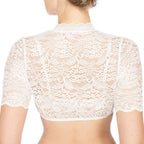 Rear view of a white cropped blouse with floral lace across the back.