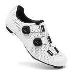 White cycling shoe with perforations and two black dials.