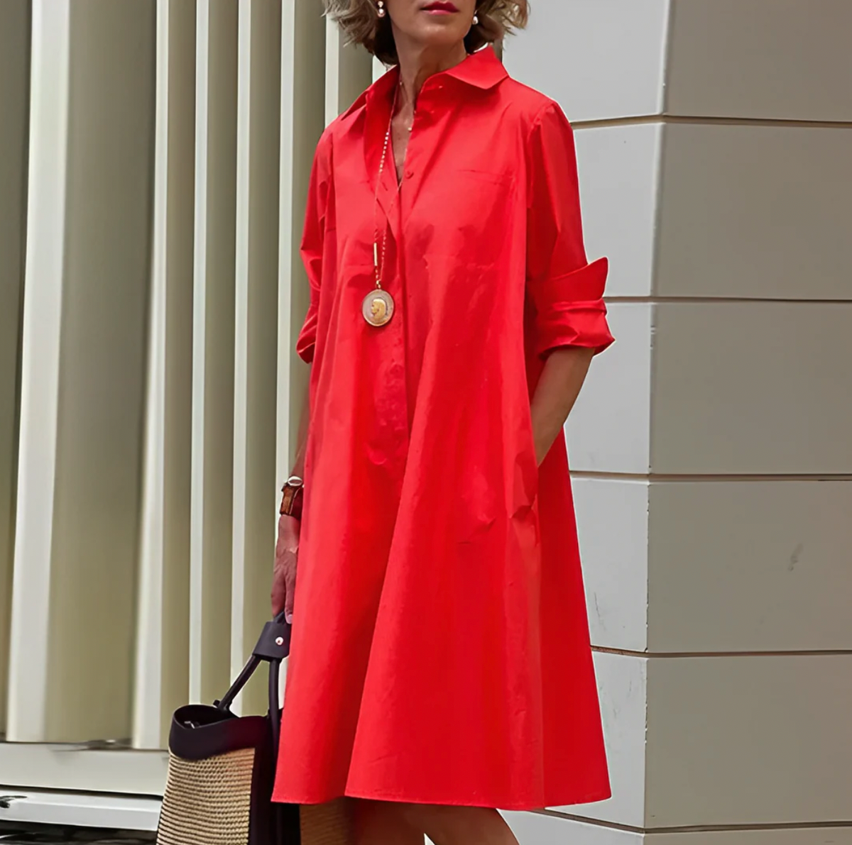 Red loose shirt dress with a pointed collar and turned-back sleeves.