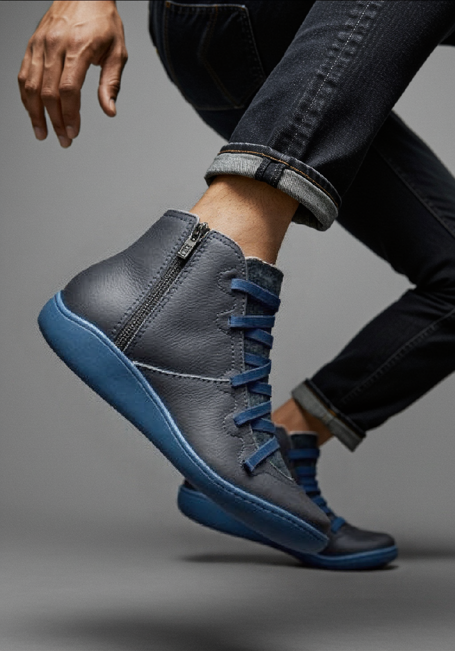 Blue-trimmed Bocata ankle boots with side zips and front laces, worn with dark jeans.