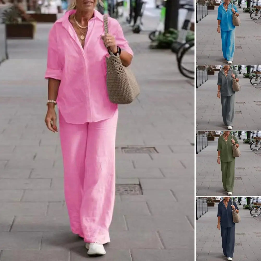 Pink linen shirt and trouser set beside smaller views in bright blue, grey, green and navy.