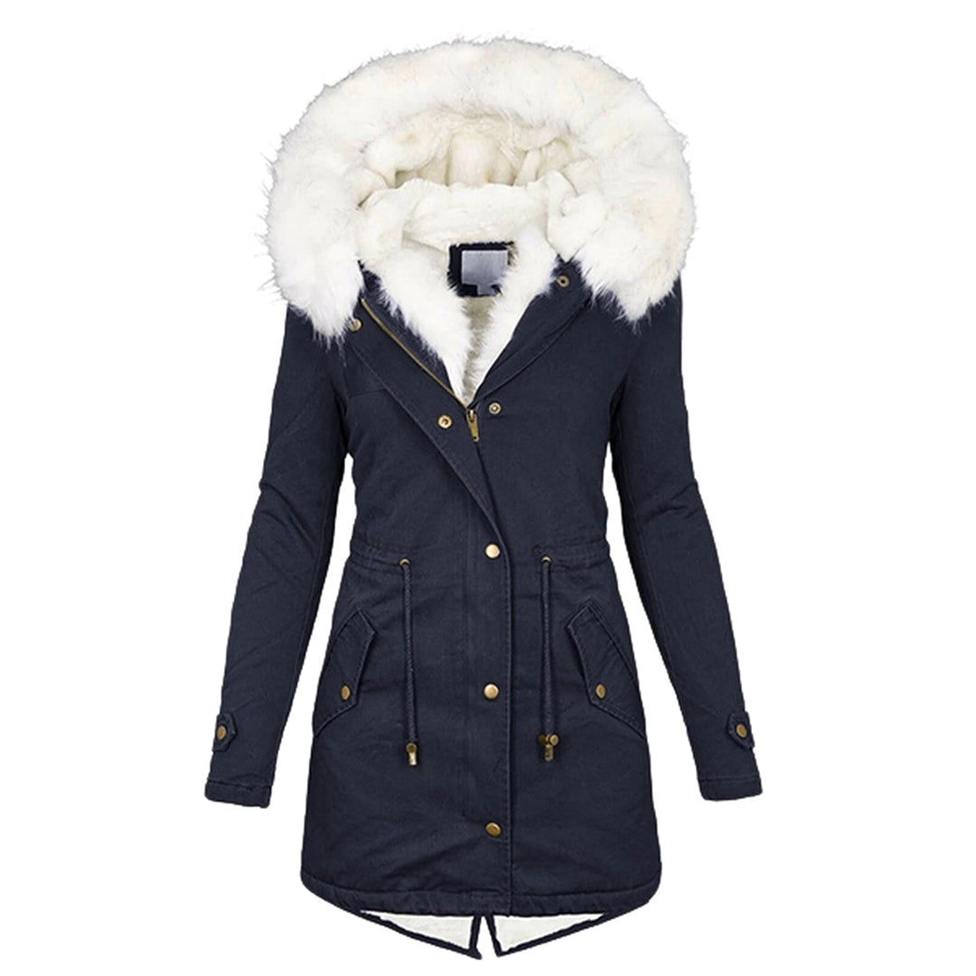 Navy blue hooded jacket with a light-coloured lining and button front.