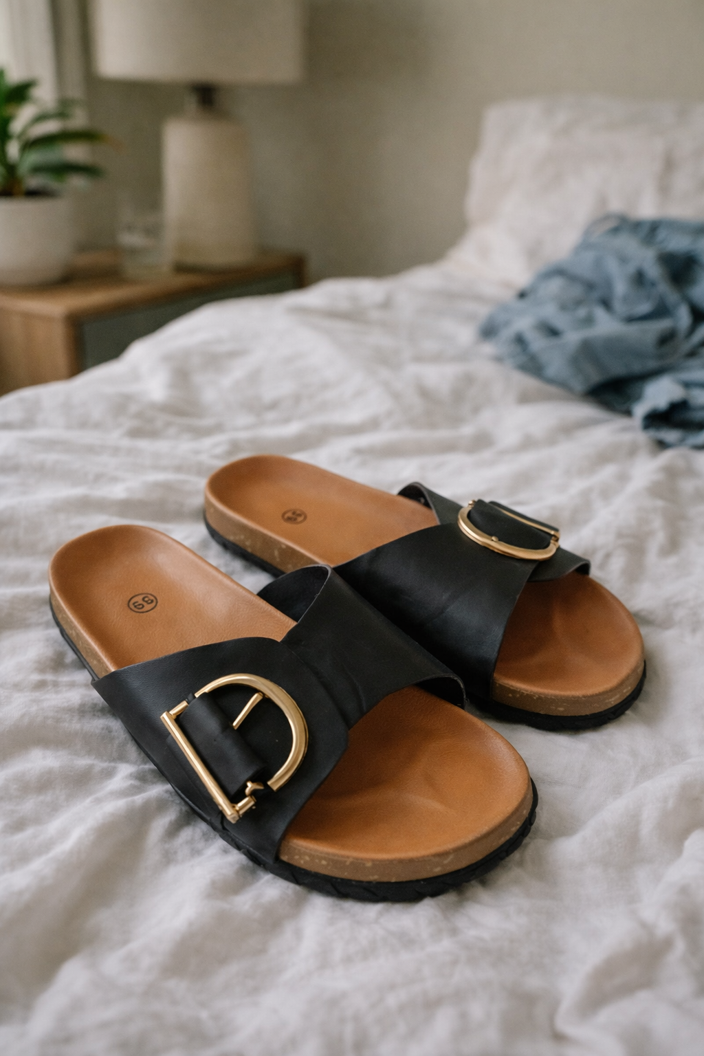 Black slides displayed on a bed with tan footbeds and D-shaped metal details.