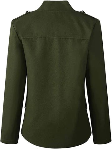 Back view of the army green Spada blazer with long sleeves and a stand collar.