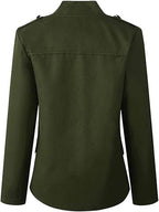 Back view of the army green Spada blazer with long sleeves and a stand collar.