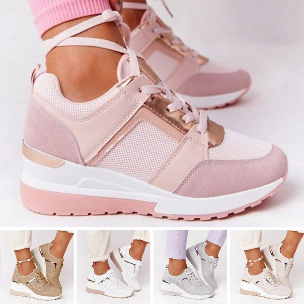 Pink panelled trainers with metallic trim, with smaller views of other colours.