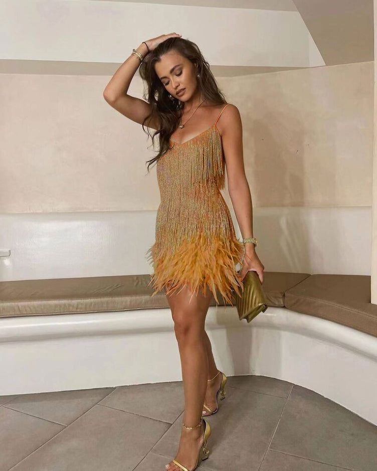 Gold fringe dress with feather trim, worn by a model beside indoor stone steps.
