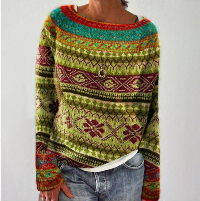 Multicoloured patterned jumper with yellow-green, red and turquoise bands.