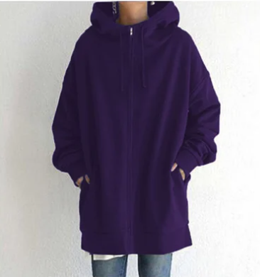 Dark-purple hoodie with side pockets and cuffed sleeves.