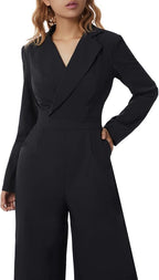 Black jumpsuit with lapels and long sleeves shown from the front.