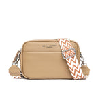 Khaki shoulder bag with a brown-and-white patterned strap.