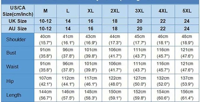 Size chart for M–5XL with UK and AU references and centimetre/inch garment measurements.