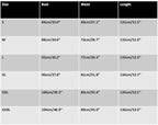 Original English size chart listing bust, waist and length in centimetres and inches for S to XXXL.