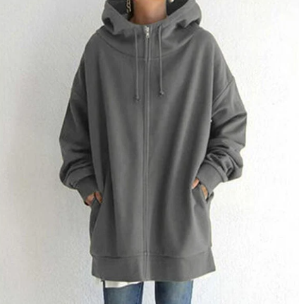 Grey long hoodie with a front zip and dropped shoulders.