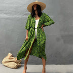 Bright green leopard-print cover-up with a tied waist.