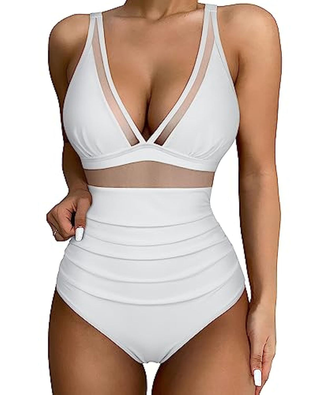 White swimsuit with a gathered front and sheer mesh neckline.
