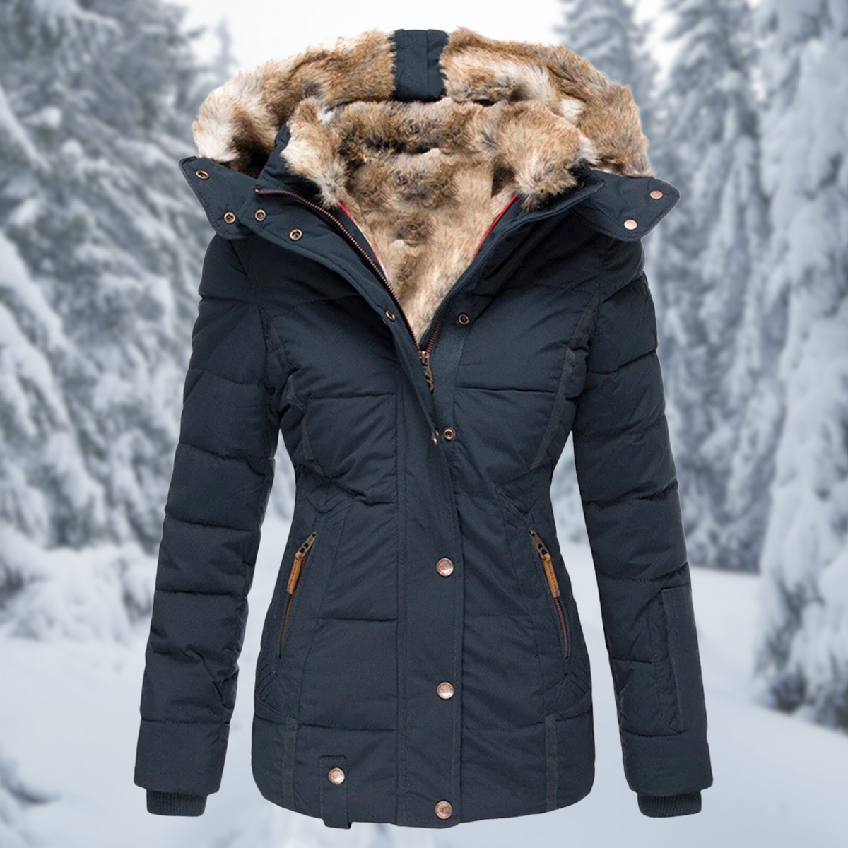 Navy jacket with a plush-lined hood and front zip beneath a press-stud placket.