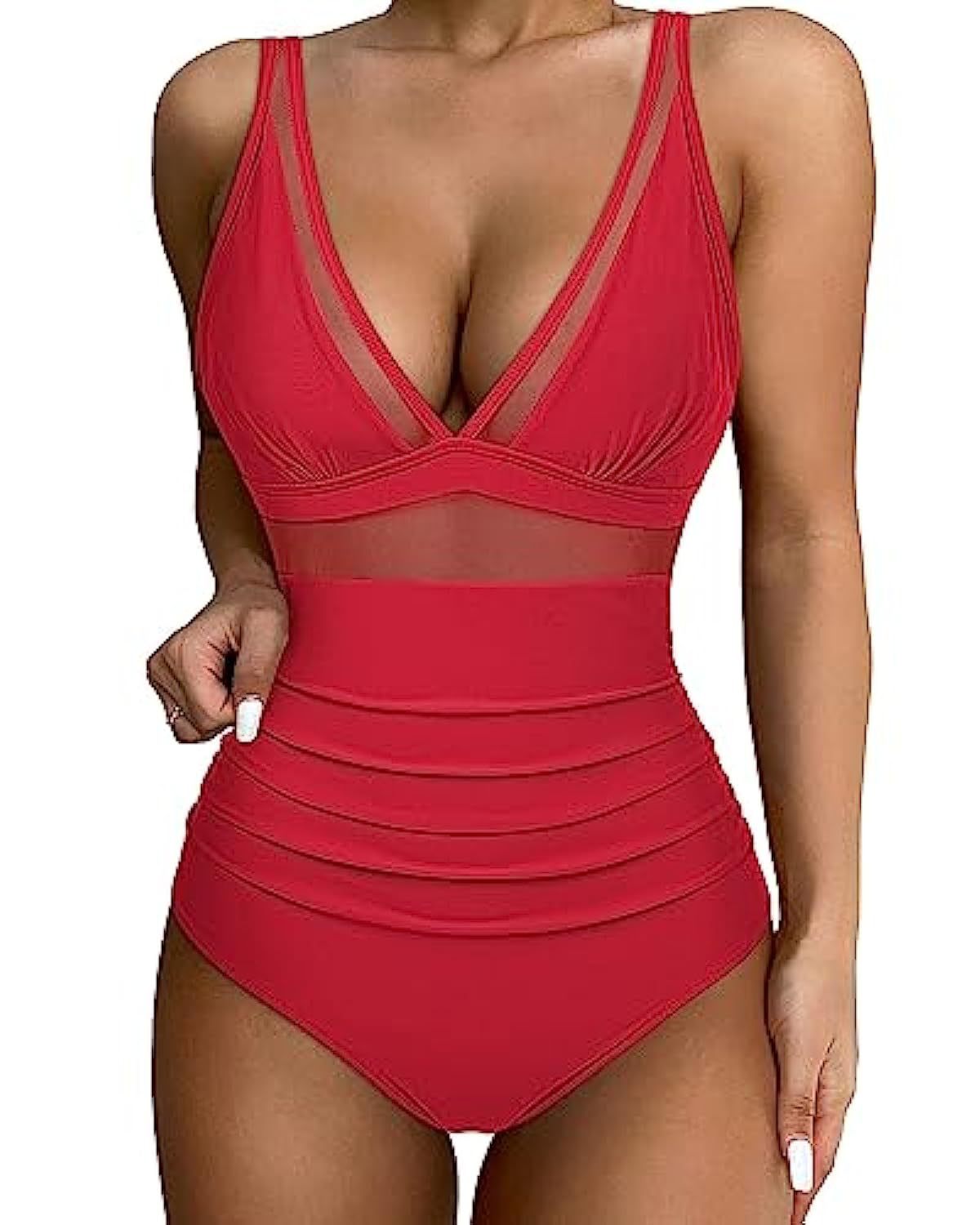 Red one-piece swimsuit with gathered panels and narrow shoulder straps.