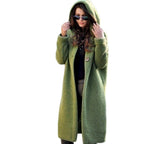 Green long Selena cardigan with a hood and front buttons.