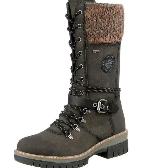 Green tall boot with a brown knit cuff and a rounded metal buckle.