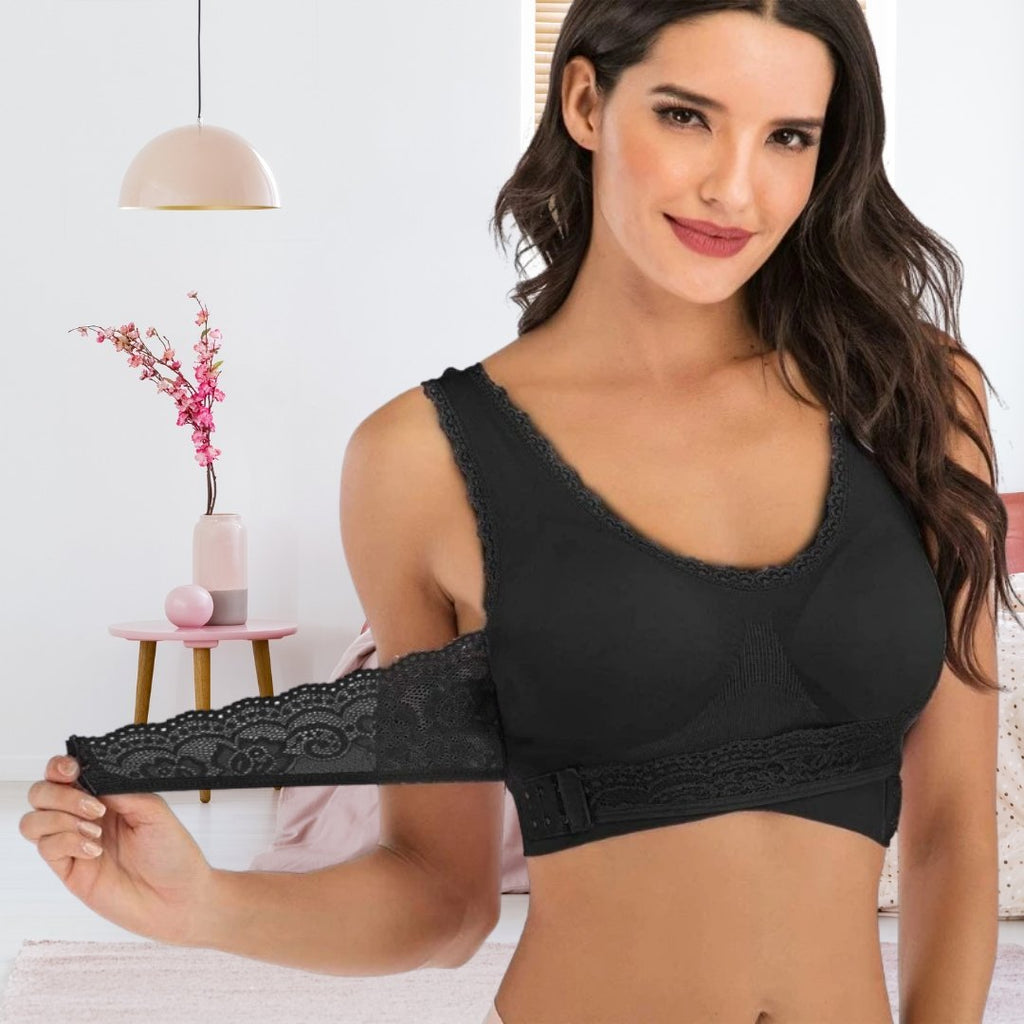 Black FitLace bra worn with one lace band unfastened.