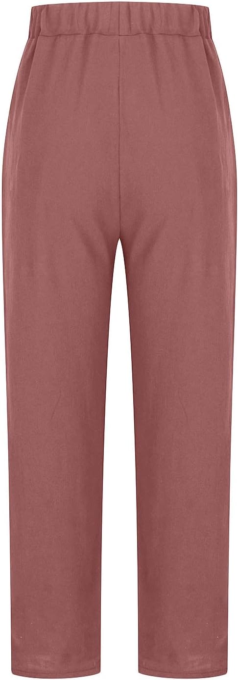 Front view of muted red trousers with an elasticated waist.