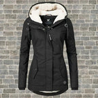 Black coat with a front zip and curved rear hem.