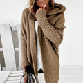 Khaki long cardigan with a hood and ribbed sleeves.