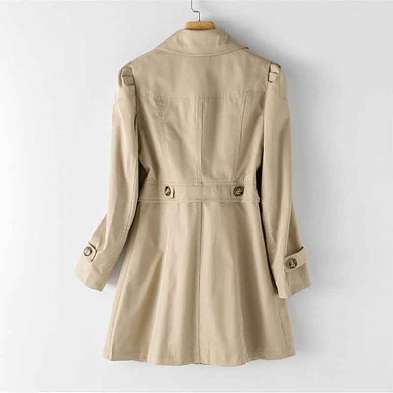 Back view of a khaki jacket with a short two-button waist tab and buttoned sleeve cuffs.