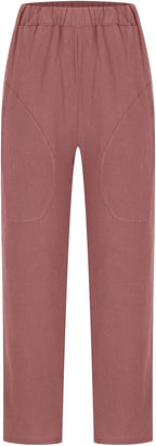 Rear view of muted red trousers.