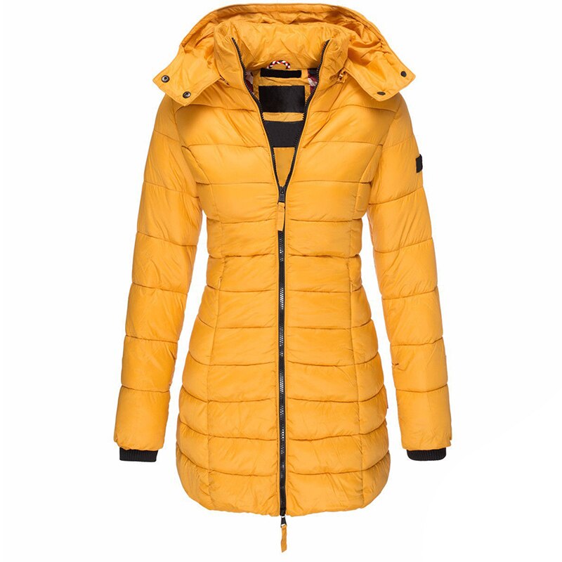 Yellow longline hooded jacket with horizontal quilting and a zip front.