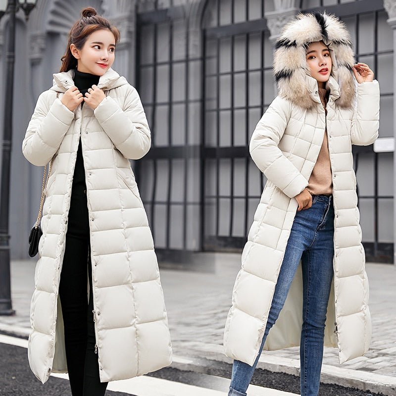 Pale beige long quilted coat shown with hood down and raised.