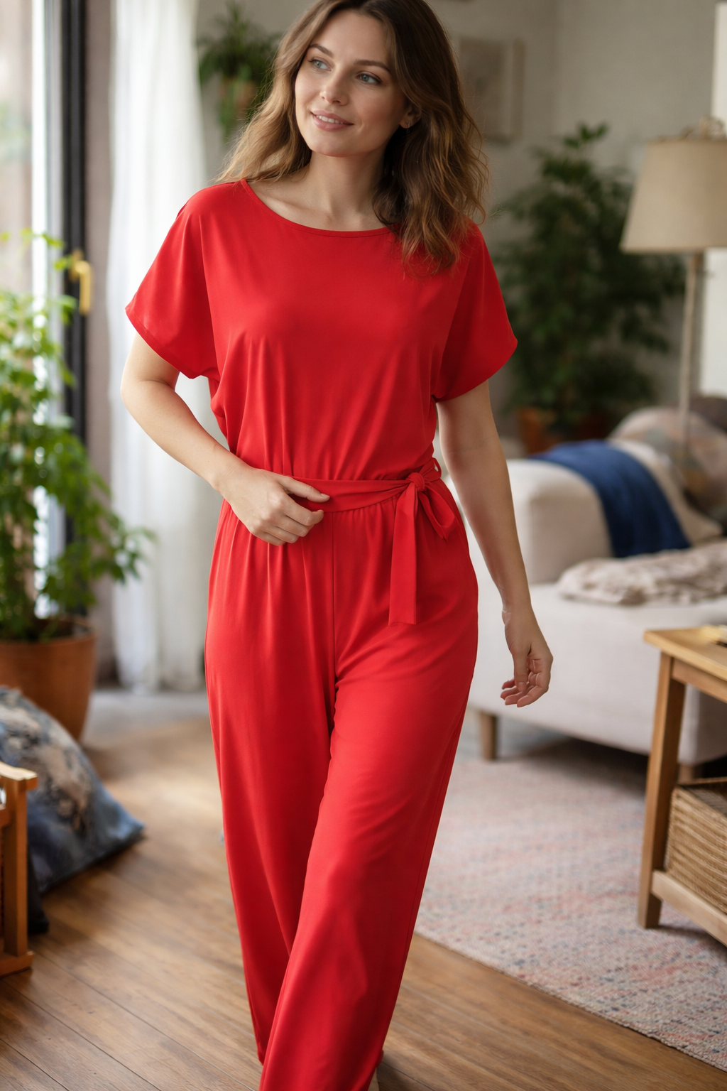 Closer view of a red jumpsuit with a round neckline and a belt tied at the waist.