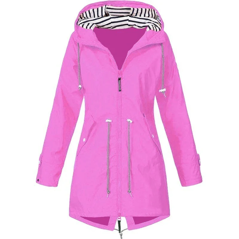 Pink hooded coat with long sleeves and outside pockets.