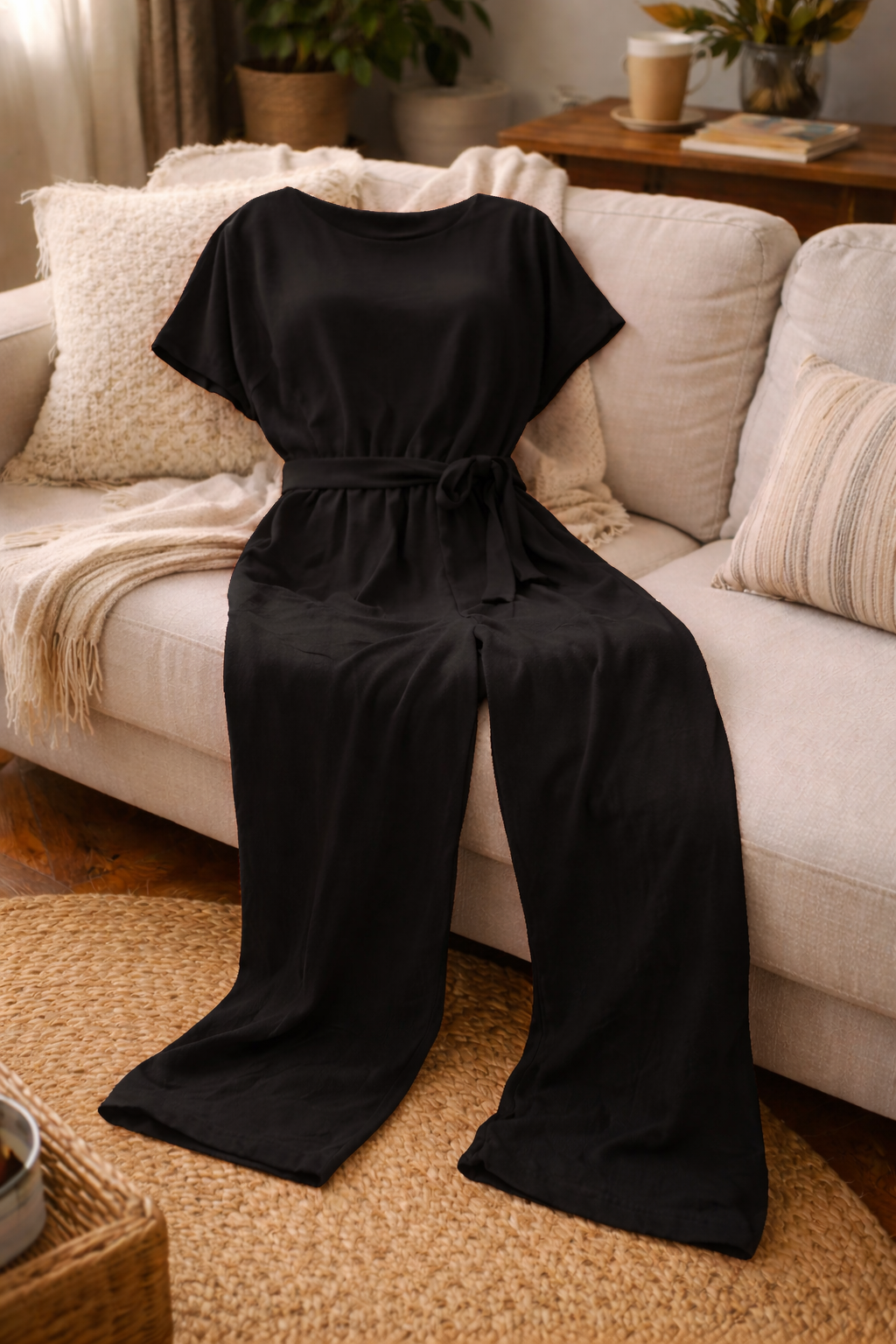 Black jumpsuit with a round neck and matching tie belt, arranged on a cream sofa.