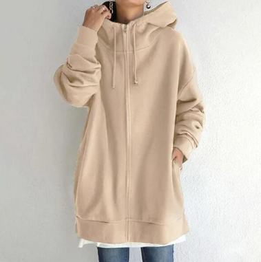 Khaki hoodie shown from the front with drawstring cords.