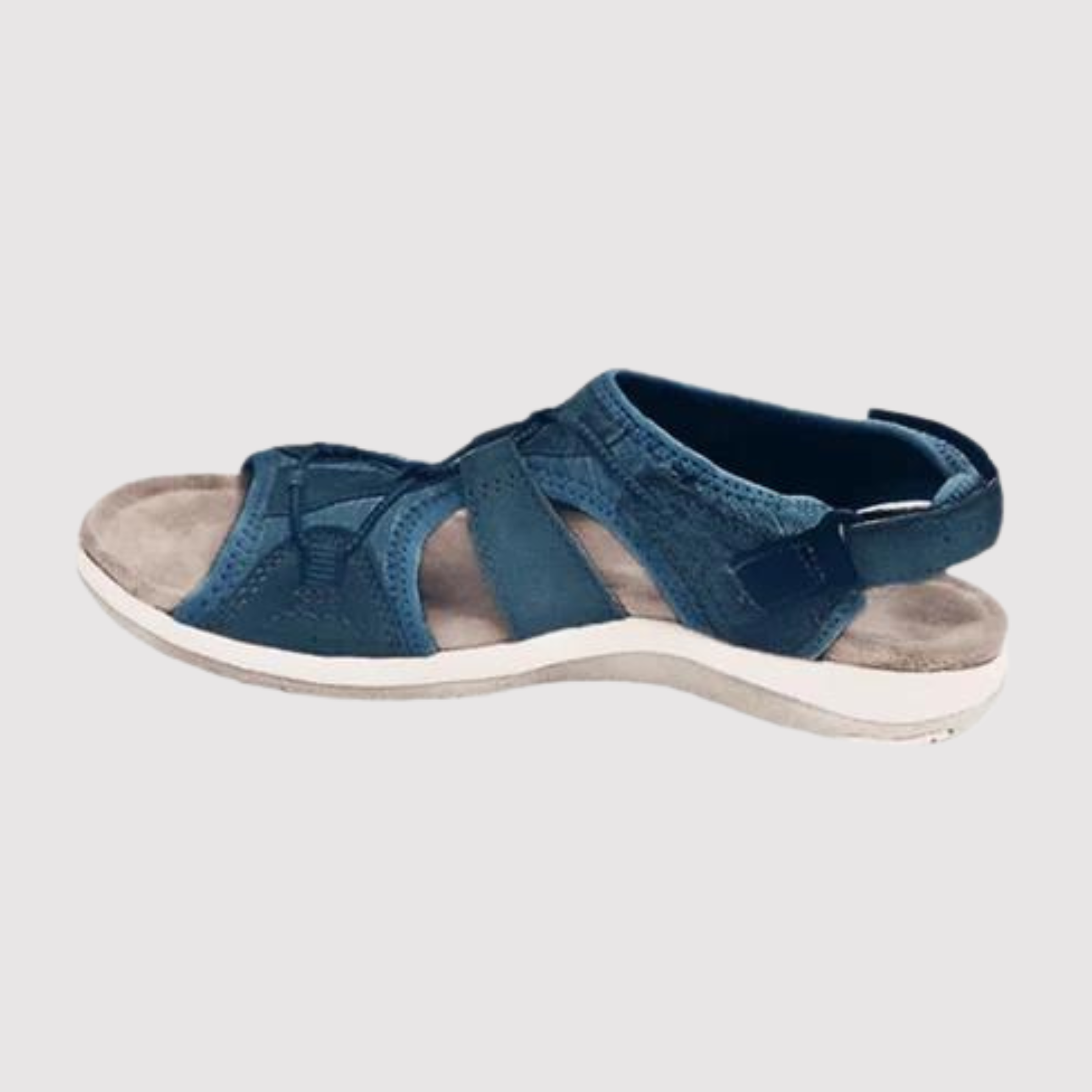 Navy blue sandal with cut-out sides and a heel strap.