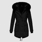 Black parka shown from the front with a faux-fur-trimmed hood and ribbed inner cuffs.