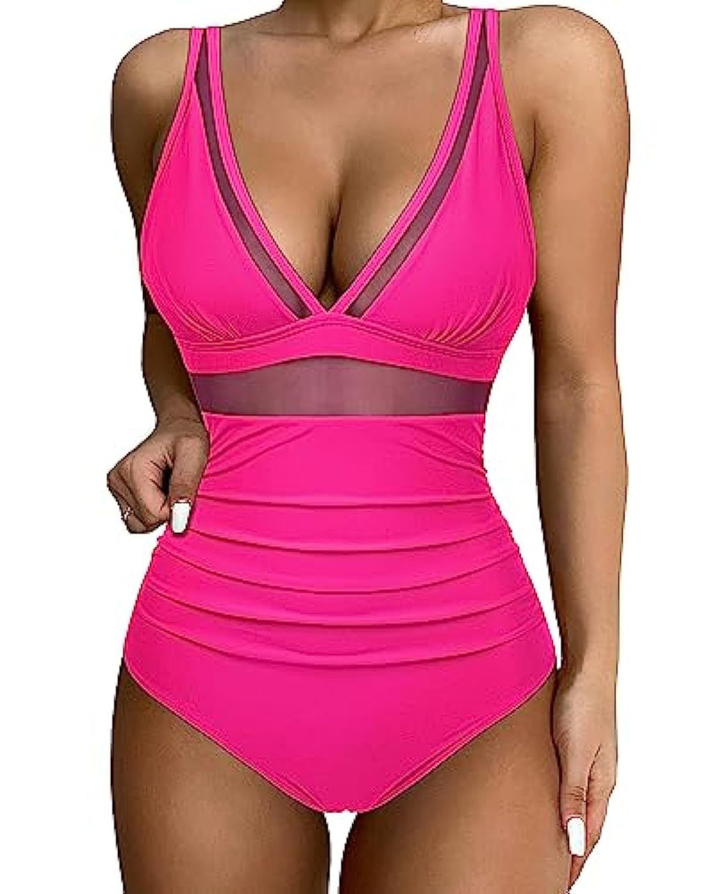 Pink swimsuit with mesh at the waist and neckline.