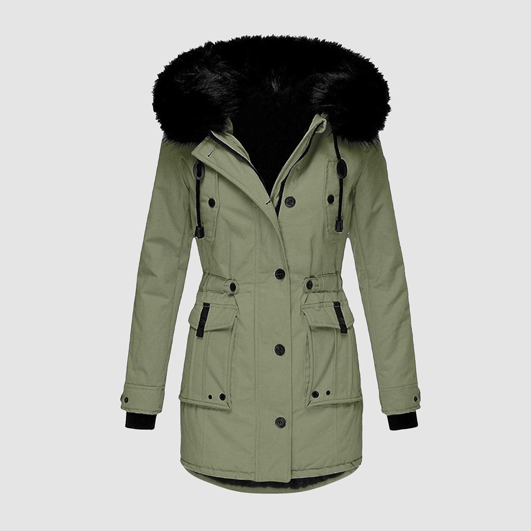 Green Tess jacket with dark hood trim and buttoned front.