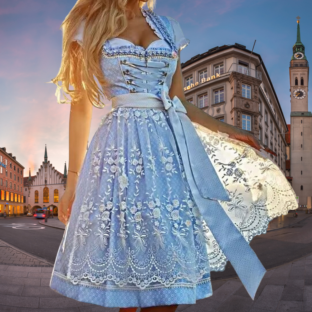 Blue dirndl-style dress with front lacing, a tied waist and pale floral embroidery.