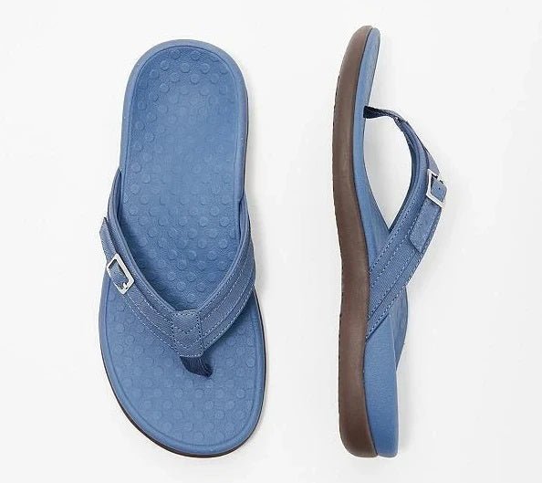 Blue flip-flops with dotted footbeds, shown from above and the side.