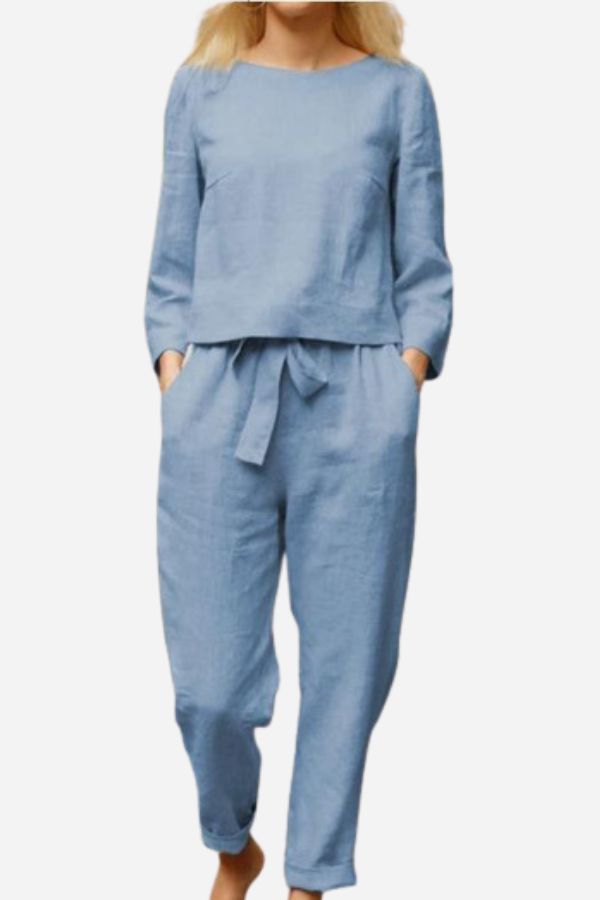 Light blue long-sleeve top and matching trousers worn together.