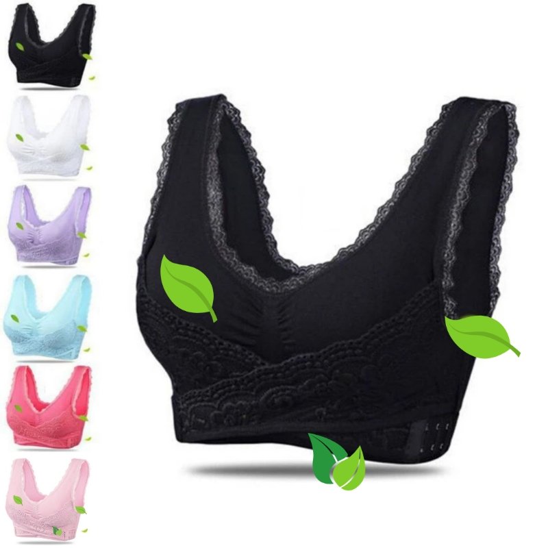 Black lace-trim bra beside small views of other colours.