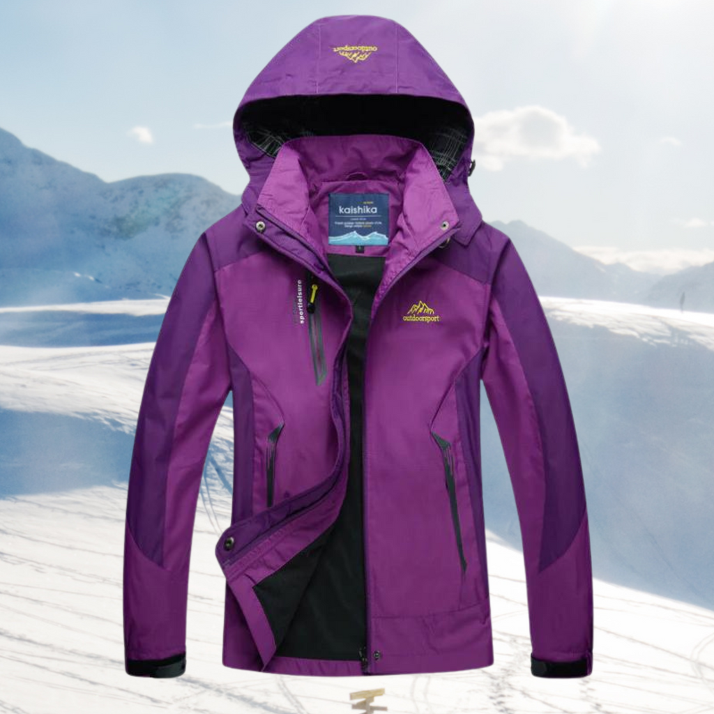 Purple hooded jacket with dark panels and zipped pockets.